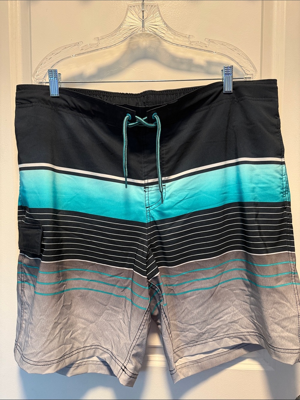 George Men's Black, Turquoise & Gray Stripe Swim Board Shorts
